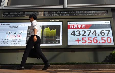 　日経平均株価の終値を示すモニター＝１３日午後、東京都中央区