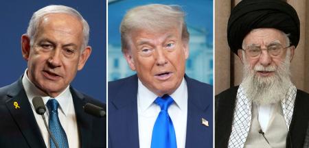 　左からイスラエルのネタニヤフ首相（ＡＰ＝共同）、トランプ米大統領（ＡＰ＝共同）、イラン最高指導者ハメネイ師（イラン最高指導者事務所提供、ＡＰ＝共同）