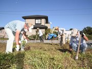 畑を耕す作業に汗を流す同好会の会員たち＝垂井町府中