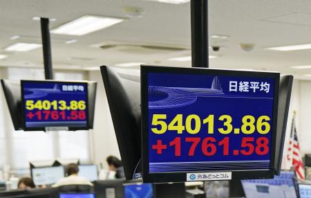 　上げ幅が一時１７００円を超えた日経平均株価を示すモニター＝２５日午前、東京都港区の外為どっとコム