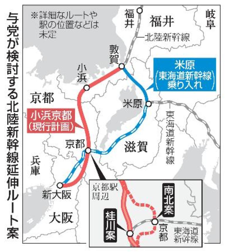 　与党が検討する北陸新幹線延伸ルート案