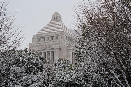 　うっすらと雪が積もった国会議事堂前＝８日午前