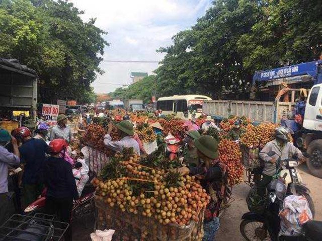 新型コロナウイルスの影響から回復し、ライチのシーズンを迎えて活気づく市場＝６月、ベトナム・ハノイ近郊
