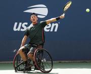 　車いすの部男子シングルス決勝でプレーする小田凱人＝ニューヨーク（ゲッティ＝共同）