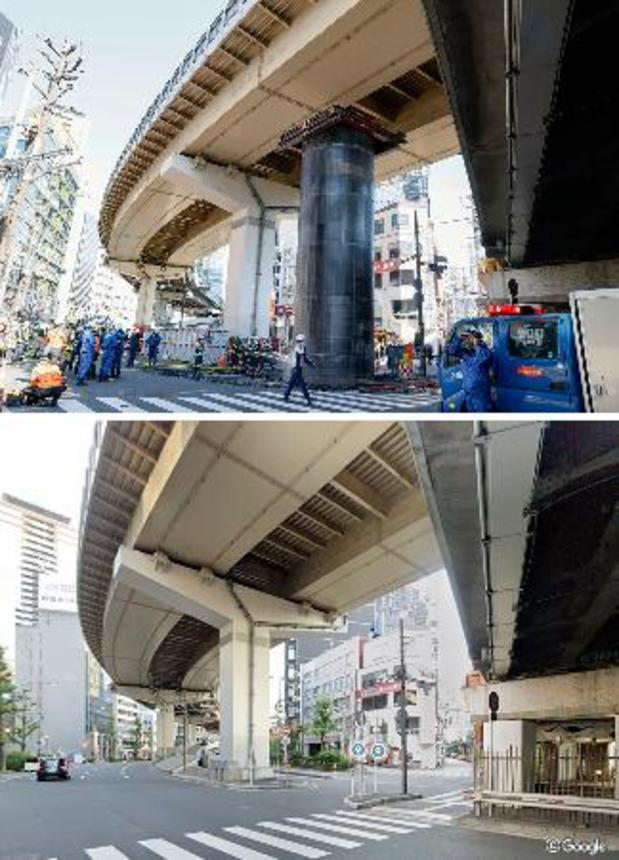 　１１日、地下に敷設されていた管（円柱状のもの）が隆起した大阪市北区の現場。下は発生前（（Ｃ）Ｇｏｏｇｌｅ）