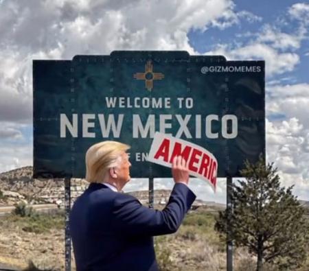 　トランプ米大統領が看板に書かれたニューメキシコ州の文字を「ニューアメリカ州」に変える動画の一場面（ＳＮＳトゥルース・ソーシャルから）