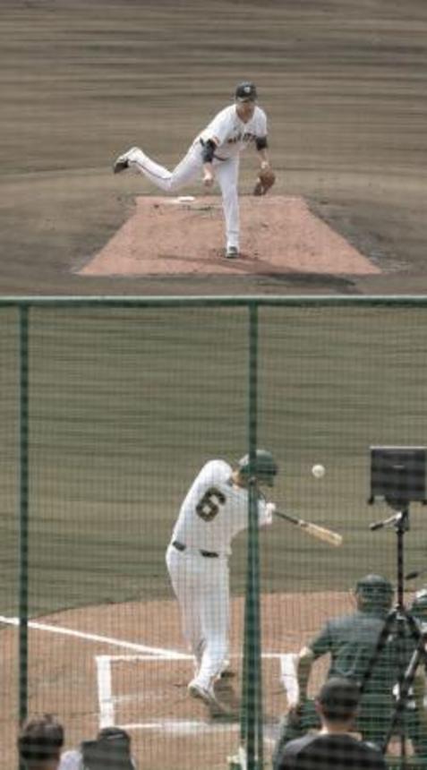 　実戦形式の打撃練習に登板し、坂本（手前）と対戦する巨人・田中将＝那覇