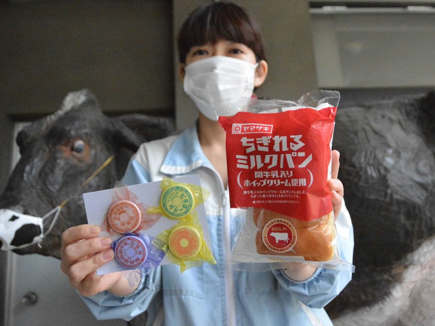 関牛乳を使ったホイップクリーム入りのミルクパンとオリジナルマグネット＝関市観音前、関牛乳