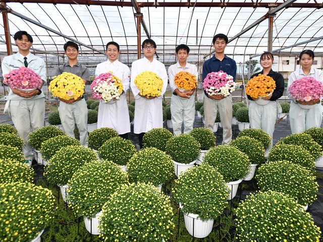 加茂農林高校の５学科の３年生たち。学校の自慢を　聞くと「緑に囲まれている」「実習が多く楽しく学べる」などと答えた