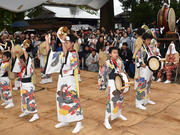 観光客らが見守る中、闘鶏楽を披露する白川郷学園の児童ら＝１０月１４日、大野郡白川村荻町、白川八幡神社