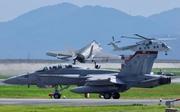 　岩国基地で陸上離着陸訓練する在日米海軍のＦ３５Ｃステルス戦闘機（奥）＝１７日午後、山口県岩国市