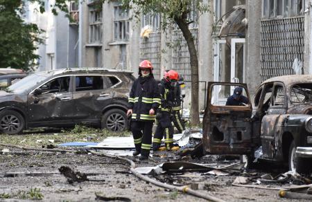 　ロシアの無人機攻撃を受けたウクライナ西部リビウ＝１２日（ゲッティ＝共同）