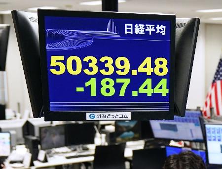 　５万０３３９円４８銭の日経平均株価終値を示すモニター。前年末の終値と比べた年間の上げ幅は初めて１万円を超え、過去最大となった＝３０日午後、東京都港区の外為どっとコム