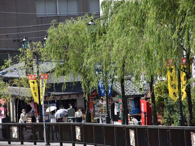 温泉街の街歩きを楽しむ観光客ら＝２３日午前、下呂市湯之島