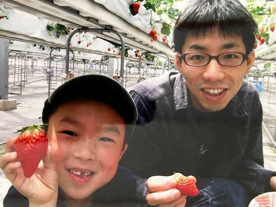 イチゴ狩りを楽しむ小１の頃の高田明浩さん（左）と浩史さん＝関市大杉、ふる里農園美の関
