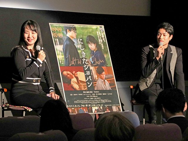 映画に込めた思いを語る（左から）竹本祥乃監督と中村拳司さん＝岐阜市日ノ出町、岐阜シネックス