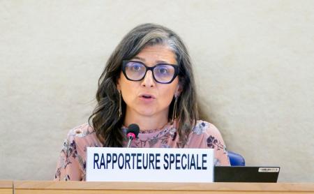 　３日、国連人権理事会で話すアルバネーゼ特別報告者＝スイス・ジュネーブ（共同）