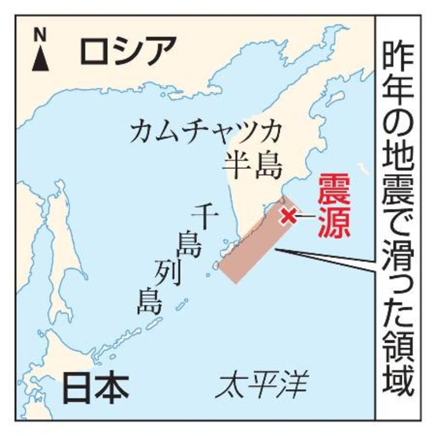 　カムチャツカ半島沖「昨年の地震で滑った領域」