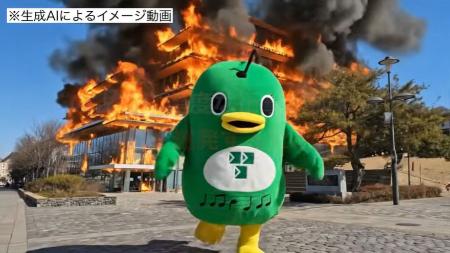 　千葉県習志野市が生成ＡＩを活用し作った、炎上する市庁舎から「ナラシド♪」が逃げる動画の一場面（市公式ユーチューブから）