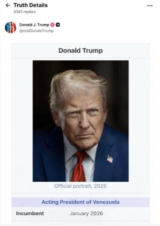 　トランプ米大統領が投稿した画像。職業の部分に「ベネズエラ大統領代行」と記載されている（トランプ氏のＳＮＳから・共同）