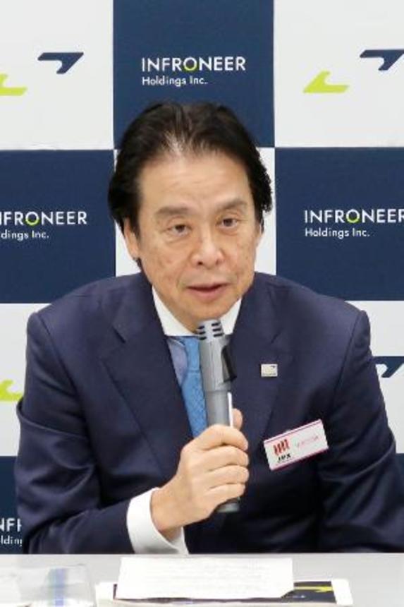 　記者会見するインフロニアＨＤの岐部一誠社長＝１４日午後、東京・日本橋
