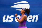 　全米テニス４回戦でガウフを破り、喜ぶ大坂なおみ＝１日（ＡＰ＝共同）