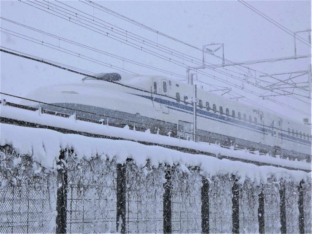 雪の中を走る東海道新幹線＝２月、岐阜県関ケ原町野上