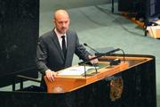 　ＮＰＴ再検討会議で演説するフランスのバロ外相＝２７日、米ニューヨークの国連本部（共同）