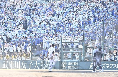 決勝打を放った県岐阜商の坂口選手を前に歓喜する観客席＝１９日午後４時１１分、同（撮影・堀尚人）