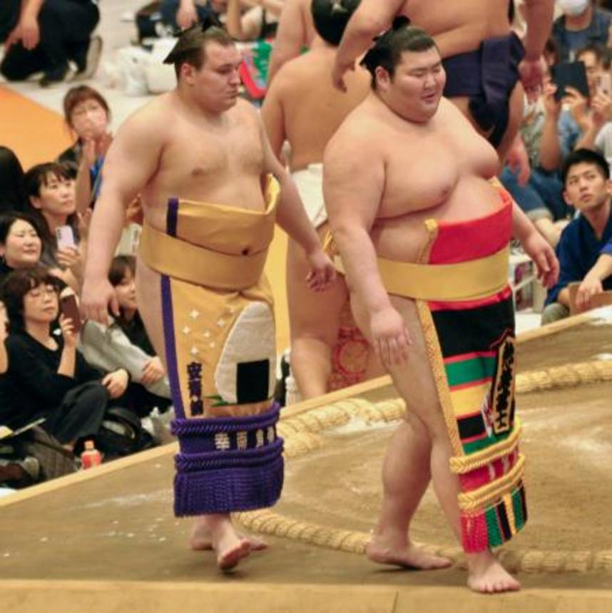 　秋巡業で土俵入りする安青錦（左）と熱海富士＝神奈川県海老名市