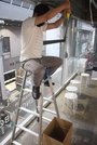 脚立から絵の具を垂らす、鳥のふんをイメージしたアクションペインティング＝いずれも岐阜市日ノ出町、ギャラリーＬｕｃｃａ４４５