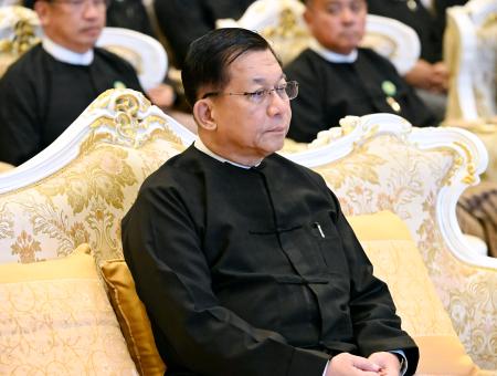 　ミャンマー首都ネピドーでの式典に出席したミンアウンフライン国軍総司令官（当時）＝３月（共同）