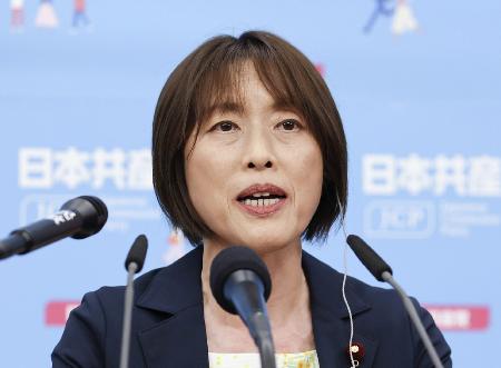 　共産党の田村委員長＝昨年７月、東京都渋谷区の党本部