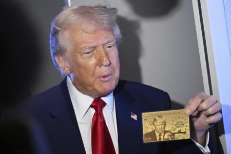 　「トランプカード」を示すトランプ米大統領＝４月、大統領専用機内（ＡＰ＝共同）