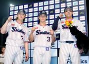 　中日に勝利しポーズをとるヤクルトの（左から）長岡、内山、赤羽＝神宮