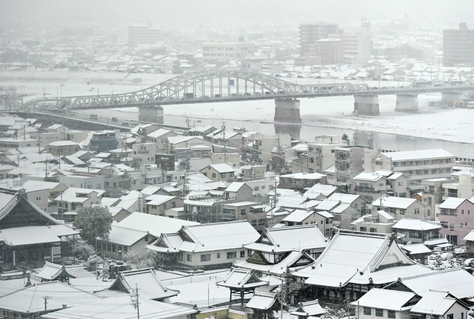 雪化粧した岐阜市内。奥は忠節橋＝１７日午前８時４４分、岐阜市役所展望スペースから望む