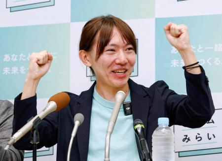 　比例代表で当選を決め、喜ぶチームみらいの安野党首＝２０日午後８時９分、東京都千代田区