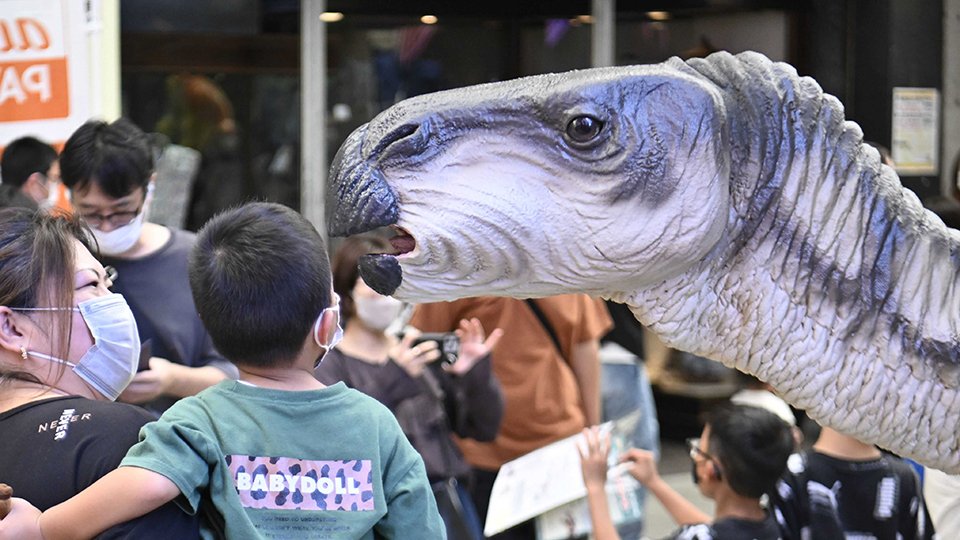 間近まで寄れるイグアノドン＝２４日午後２時４４分、岐阜市柳ケ瀬通