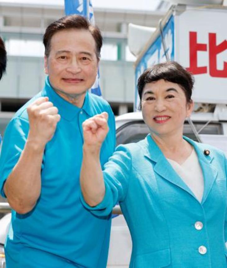 　街頭演説を前にポーズをとる社民党の福島党首（右）とラサール石井氏＝３日午前、東京・新宿