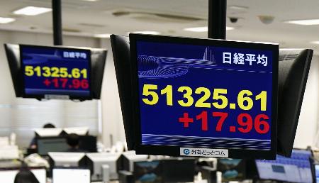 　５万１３２５円６１銭で取引を終えた日経平均株価を示すモニター＝３０日午後、東京都港区の外為どっとコム