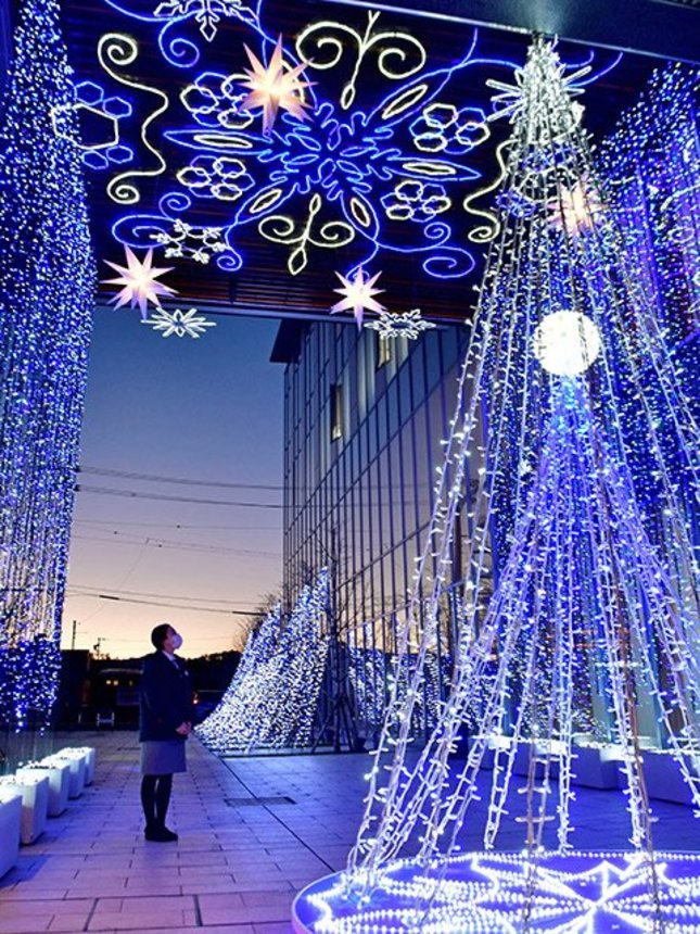 幻想的なブルーの空間に包まれる恒例のウインター・イルミネーション＝高山市花岡町、飛騨信用組合本店