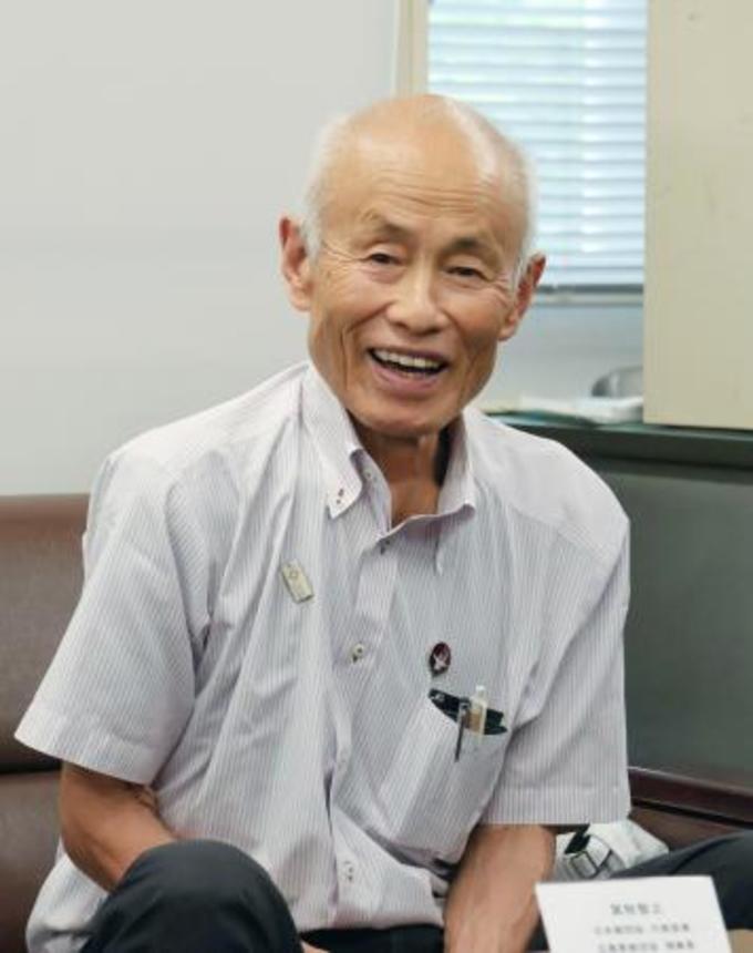 　記者会見に同席した被団協の箕牧智之代表委員＝１８日午後、広島県庁