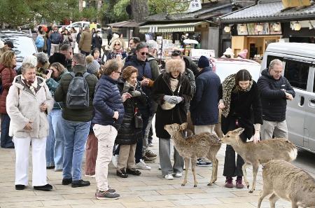 　東大寺大仏殿前の参道を歩く外国人観光客＝３月、奈良市