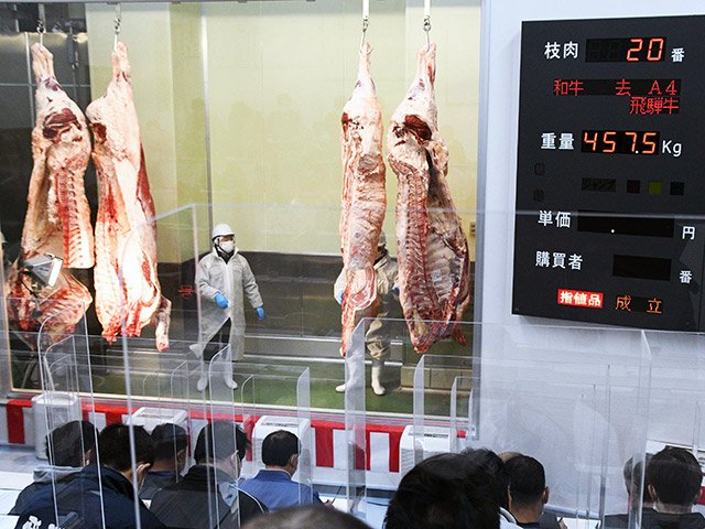 良質な枝肉が取引された共進会の競り市＝高山市八日町、飛騨ミート地方卸売市場
