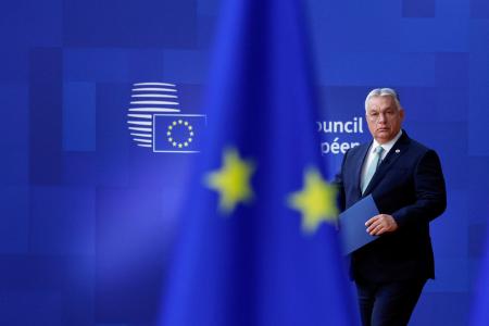 　ＥＵ首脳会議に臨むハンガリーのオルバン首相＝２６日、ブリュッセル（ＡＰ＝共同）