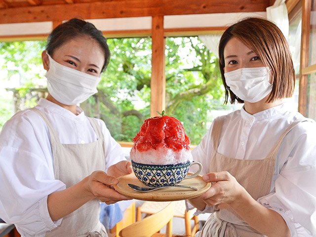 つややかな実が目をひく「すもも」のかき氷を手にする石川千絵美さん（左）、大谷美穂さん姉妹＝美濃市広岡町、灯家