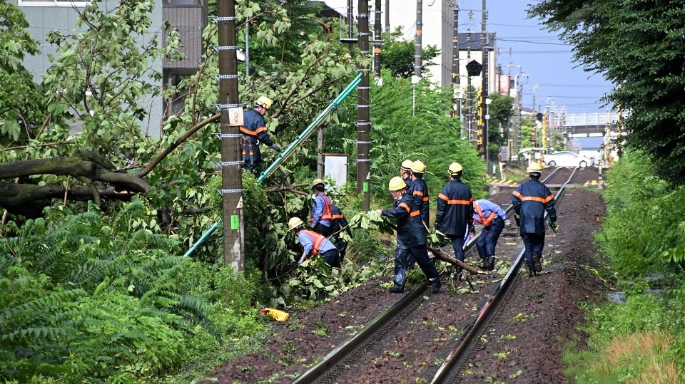 線路内に入った枝などを撤去するＪＲ職員＝２８日午後４時１２分、各務原市那加雲雀町