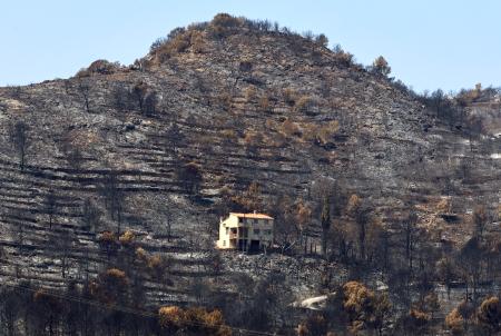 　山肌が焼け焦げたバレンシア県の山火事現場＝３０日（ＡＰ＝共同）