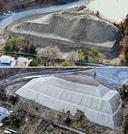 　福島県西郷村の住宅裏に違法に盛られた土砂（上、２０２４年２月）と、行政代執行で災害防止措置がなされた盛り土（今年３月、いずれも福島県提供）