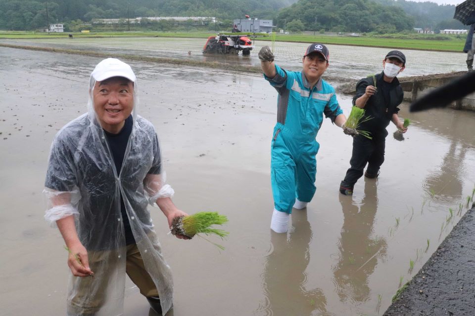 三山産コシヒカリの苗を植える三山ひろしさん（中央）と林宏優市長＝山県市岩佐